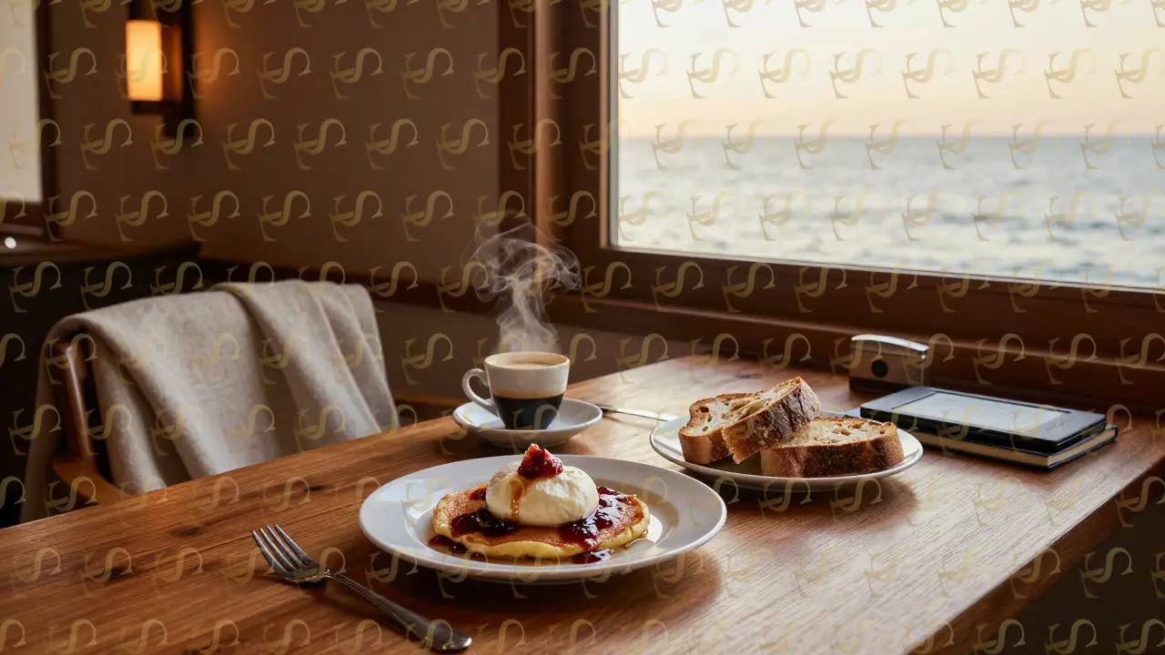 A sunrise dining setup in a Bvlgari cabana with artisanal breakfast, linen wrap, and journal beside the sea.