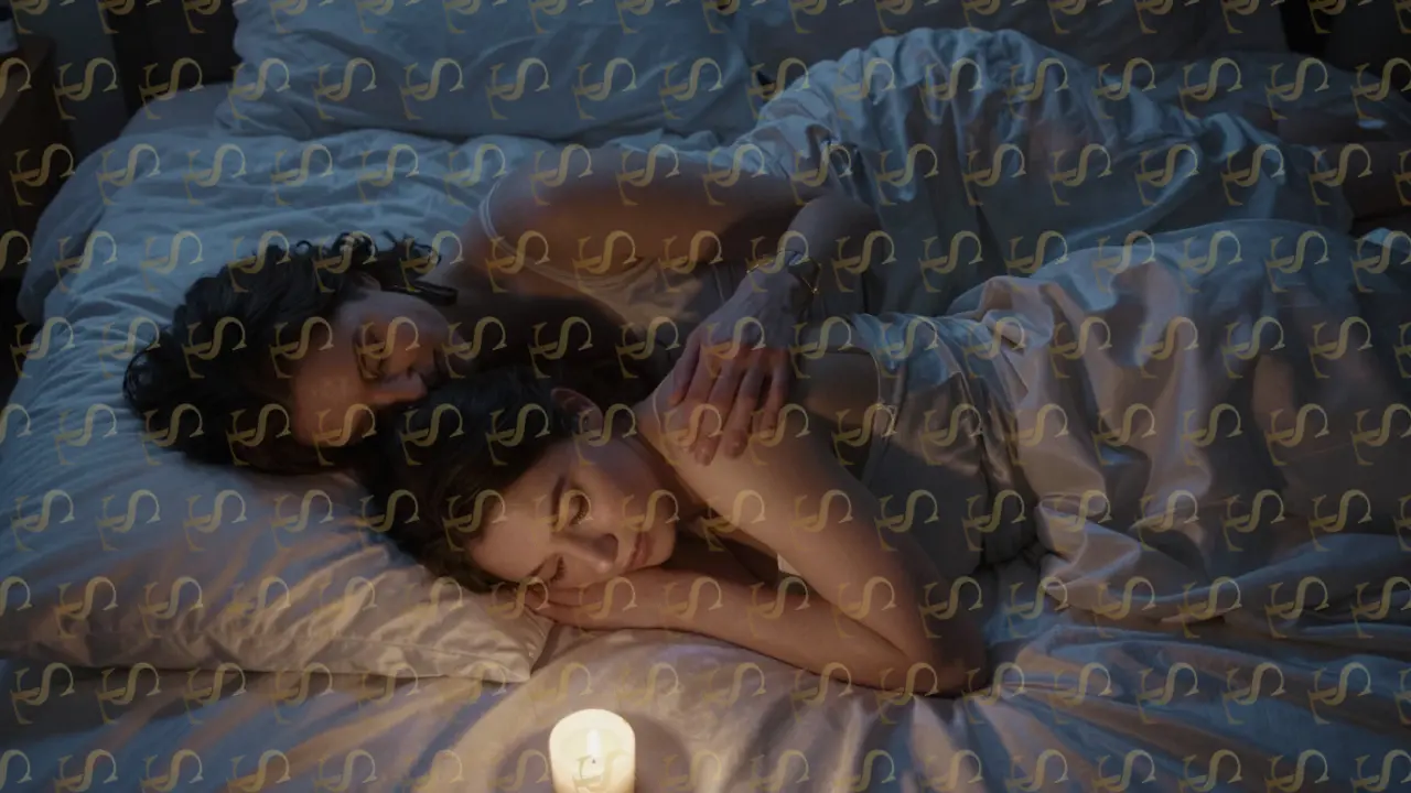 Two escorts and a client lying peacefully on a bed, conveying trust and connection without physical intimacy.