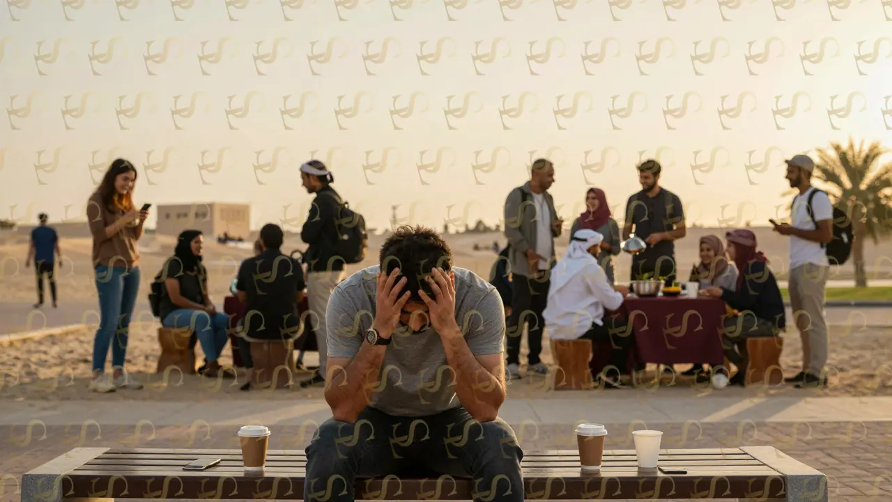 A lonely man in a Dubai park at sunrise, surrounded by vibrant expats enjoying community activities like cooking and hiking.