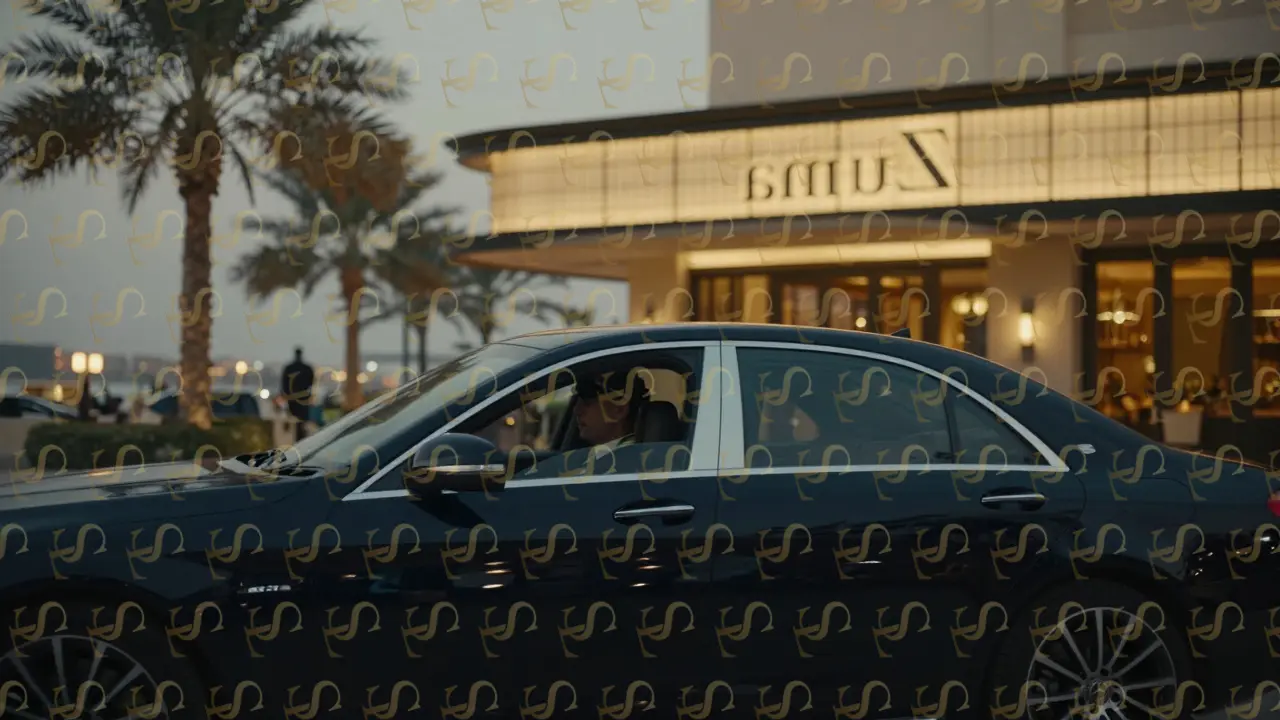 Private Mercedes S-Class with uniformed driver waiting outside a upscale Dubai restaurant at dusk.