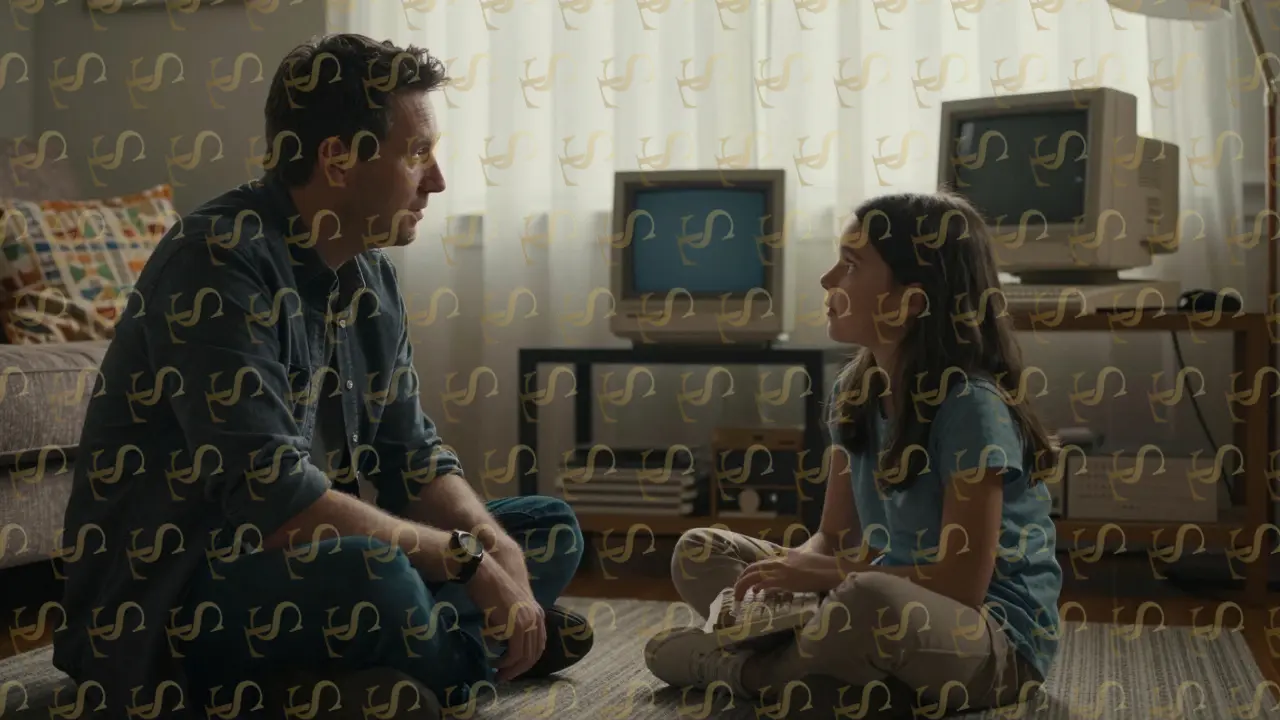 A tech executive tells a childhood story to a client's daughter, both smiling, a vintage computer visible in the background.