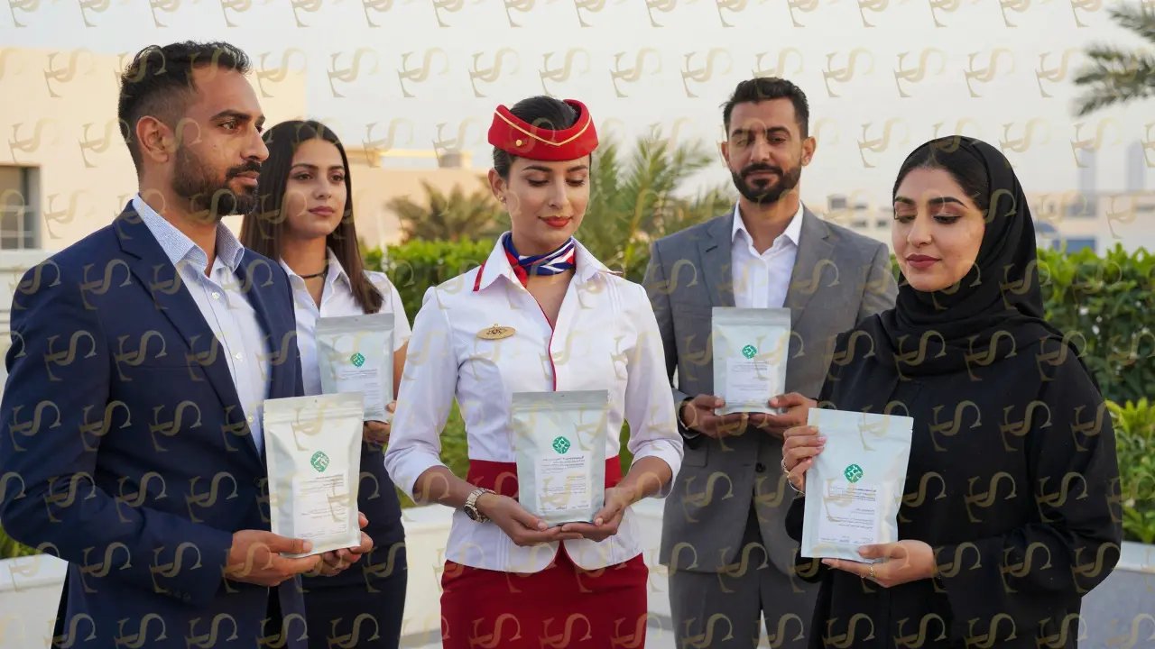 Three diverse professionals in Dubai holding wellness kits with health certification badges in a rooftop garden.