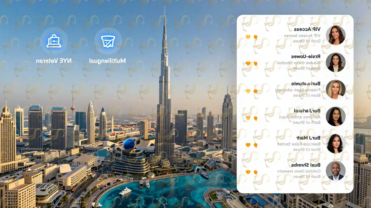 Digital platform interface displaying vetted companions with event experience and language skills for New Year's Eve in Dubai.