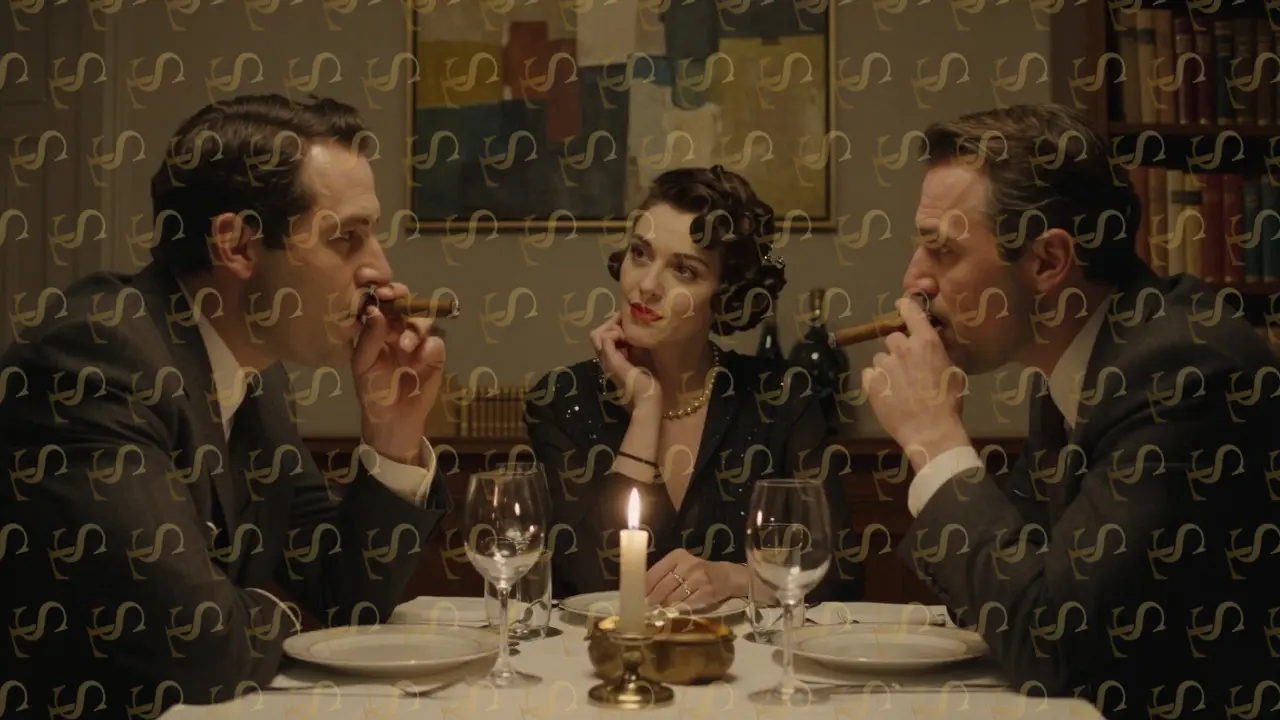 A woman gently guides a conversation between two men at a private dinner in a high-end club.