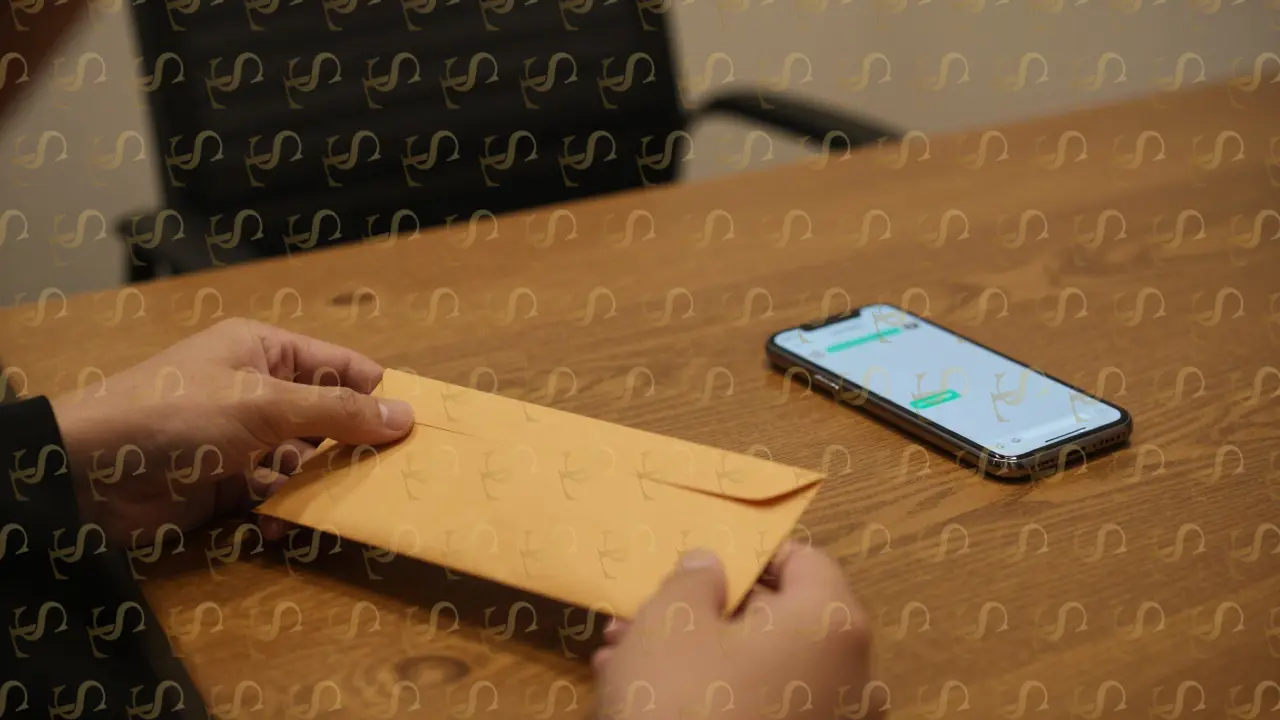 An envelope placed on a desk beside a smartphone with a blurred WhatsApp screen, symbolizing discreet arrangements.