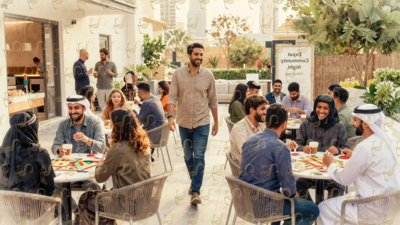 A diverse group of expats socializing at a cultural event in Dubai, enjoying coffee and conversation in a warm, safe setting.