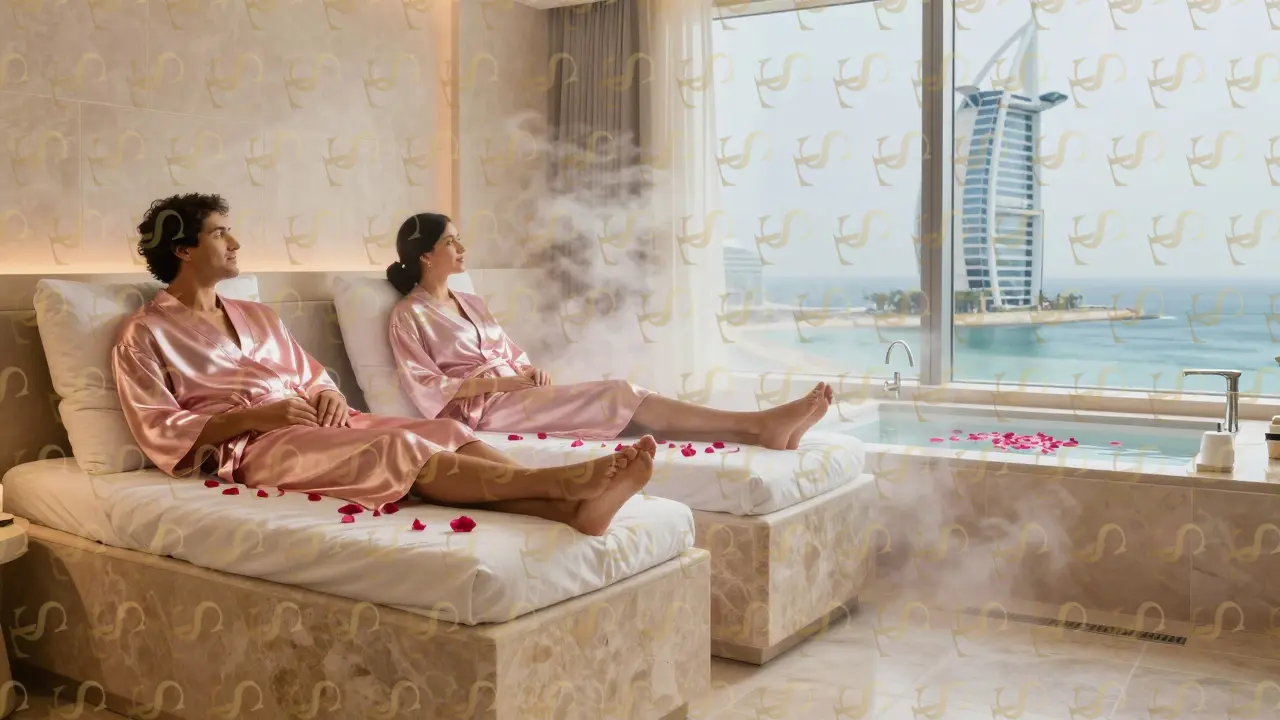 A couple relaxing in a private spa suite with rose petals and steam, overlooking the ocean.