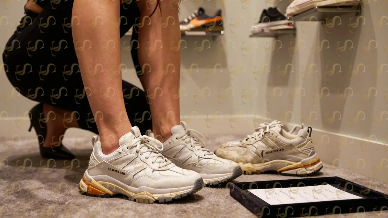 A woman trying on Balenciaga sneakers while a stylist observes her fit, with worn-out shoes nearby.