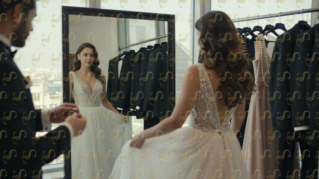 A woman tries on a rented evening gown at a Dubai atelier, mirrors reflect racks of luxury accessories, morning light illuminating the moment of transformation.