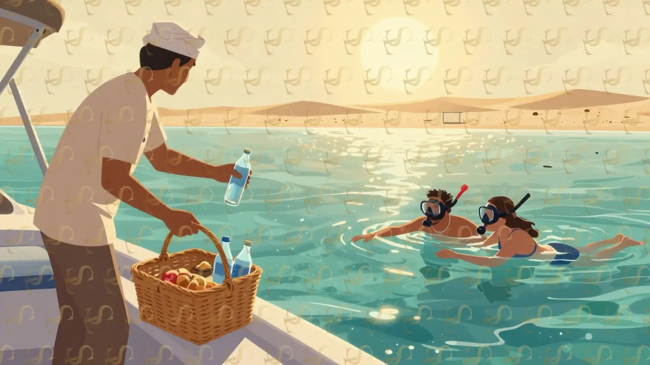 Couple snorkeling at a secluded sandbar near Al Qudra, escorted with picnic and chilled water.