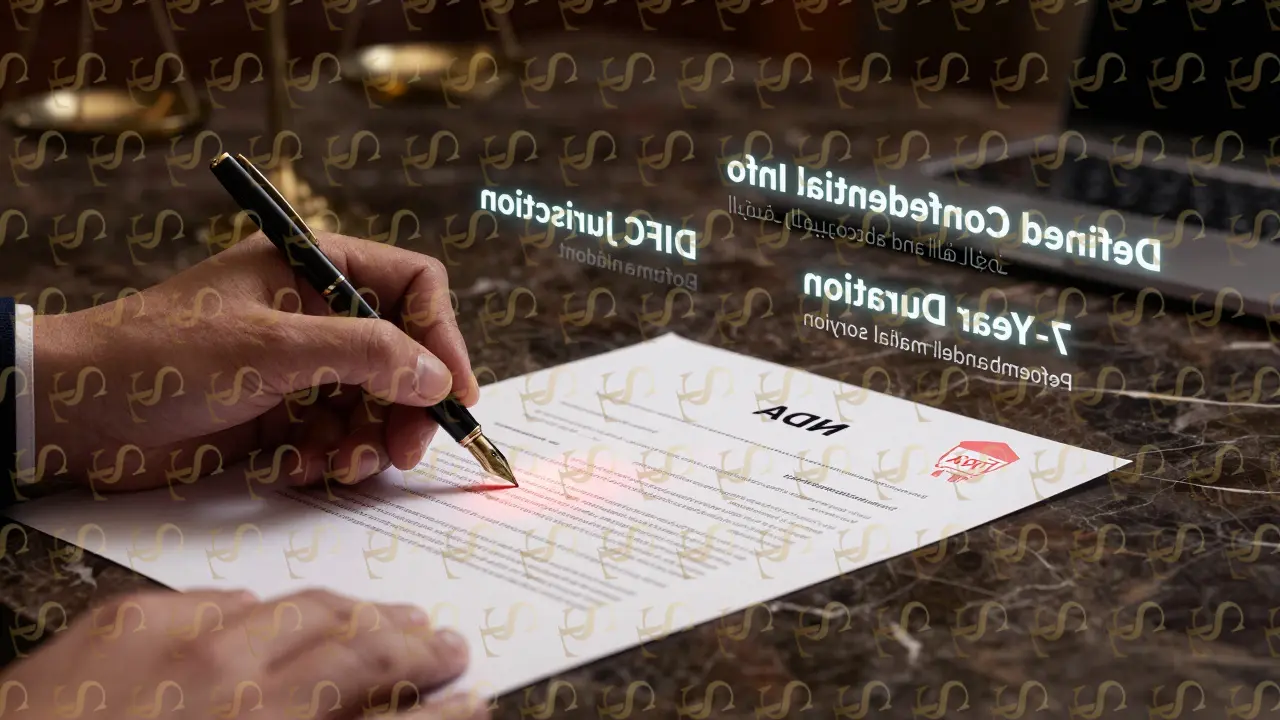 A detailed NDA document on marble desk with glowing legal clauses and digital signature under TRA certification.
