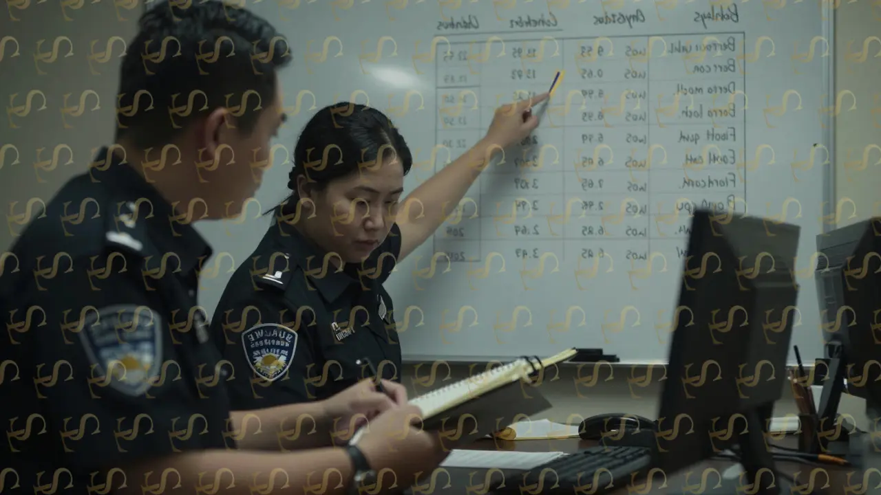 Security team reviewing logbook of suspicious guest inquiries in quiet office.