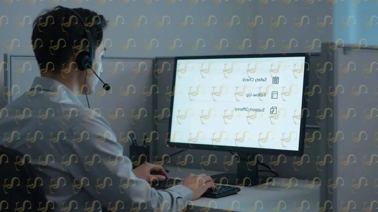 A staff member in a quiet office taking a follow-up call, focused and professional, with a simple checklist on screen.