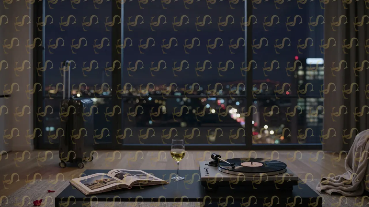 An empty luxury penthouse library at night with vinyl spinning, wine glass, and open art book by the door.