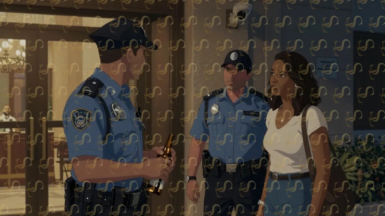 Police officer approaching a man holding alcohol outside a hotel, with security camera visible.