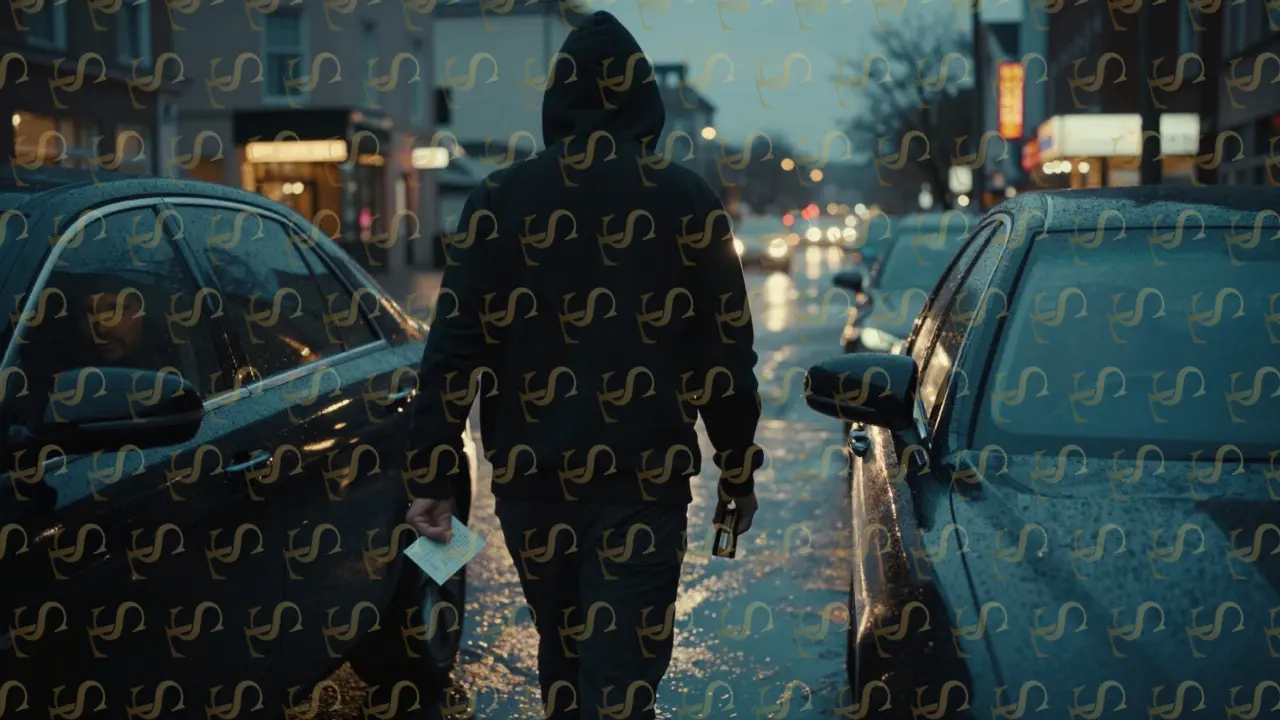 A shadowy figure walking away from a luxury car at dusk, holding a prepaid card, face unseen, anonymous and untraceable