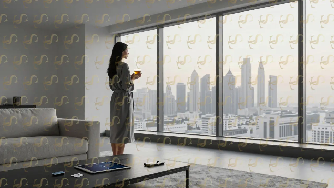 A professional woman in a robe stands before a Dubai skyline at dawn, with encrypted devices and a keycard on a minimalist table.