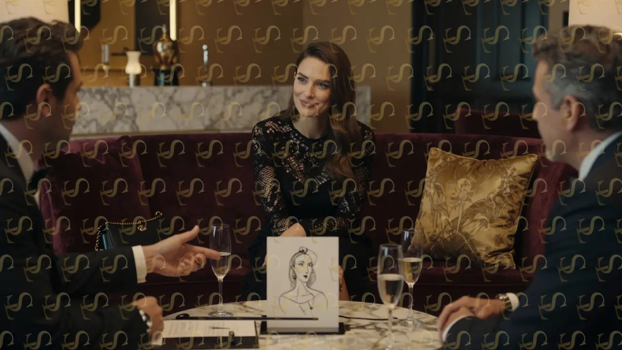 A poised woman engages in quiet conversation with wealthy men in a luxury lounge, a Picasso sketch visible on the table beside champagne flutes.