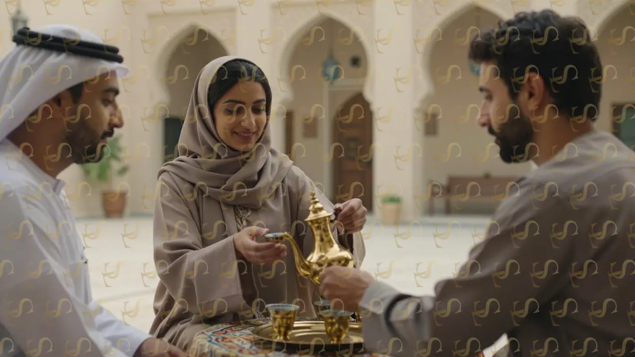 A companion guides a businessman through a traditional Emirati tea ceremony in Dubai, showing cultural etiquette.