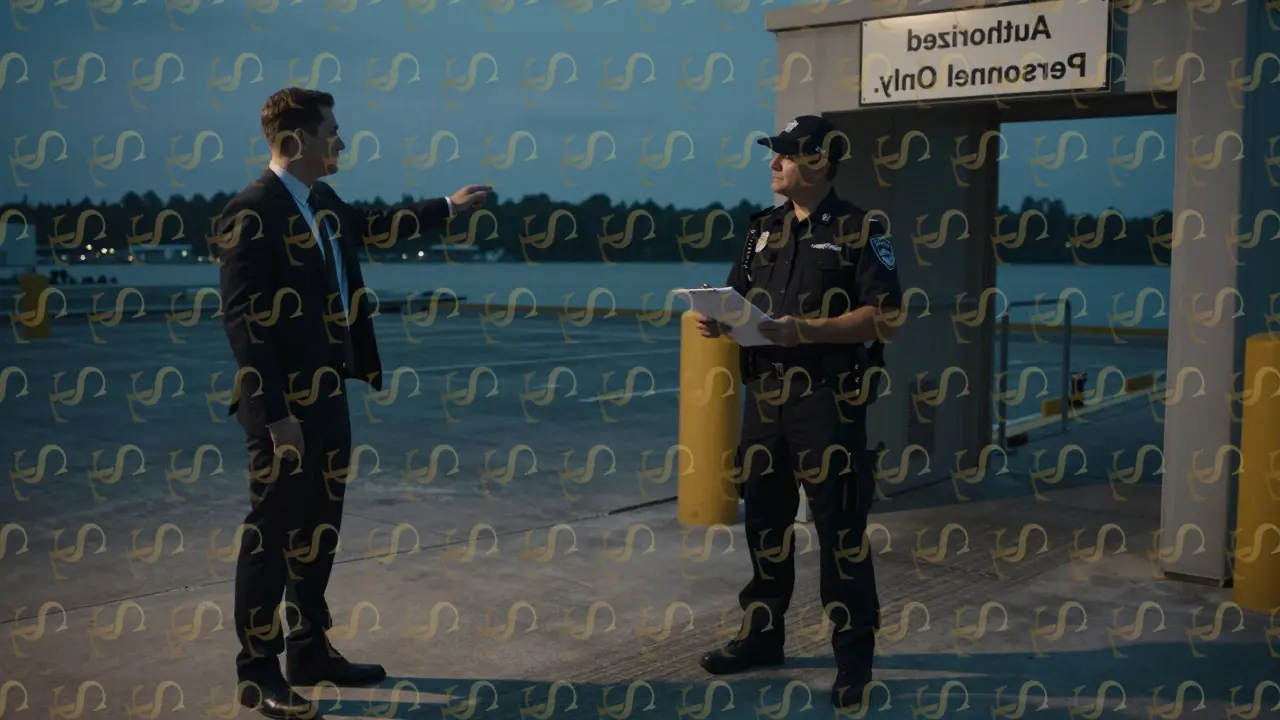Security guard blocking unauthorized access at marina entrance with 'Authorized Personnel Only' sign.