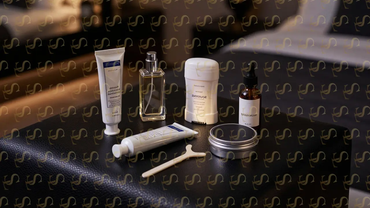A leather grooming kit with miniature luxury products arranged precisely on a dark surface, no text or labels visible.