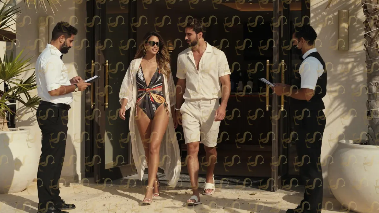 A stylish couple entering Nikki Beach Dubai's VIP area, checked by a host against a guest list.