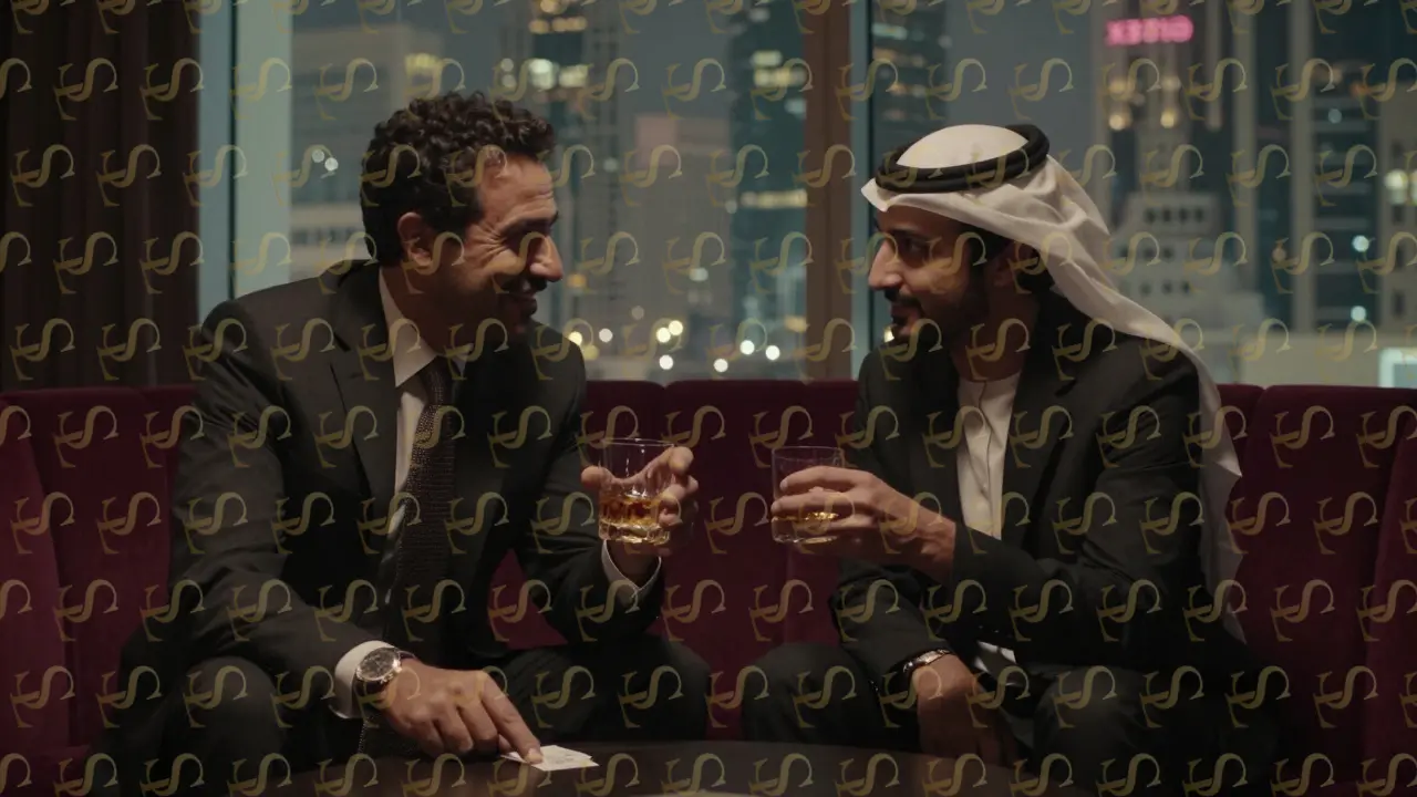 A CEO and corporate companion sharing a quiet toast in a luxury hotel lounge after a long day at the expo.