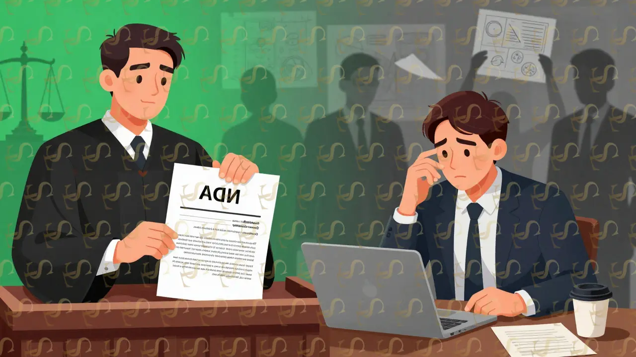 Split scene: left shows idea theft without NDA; right shows successful legal protection with audit trails in court.