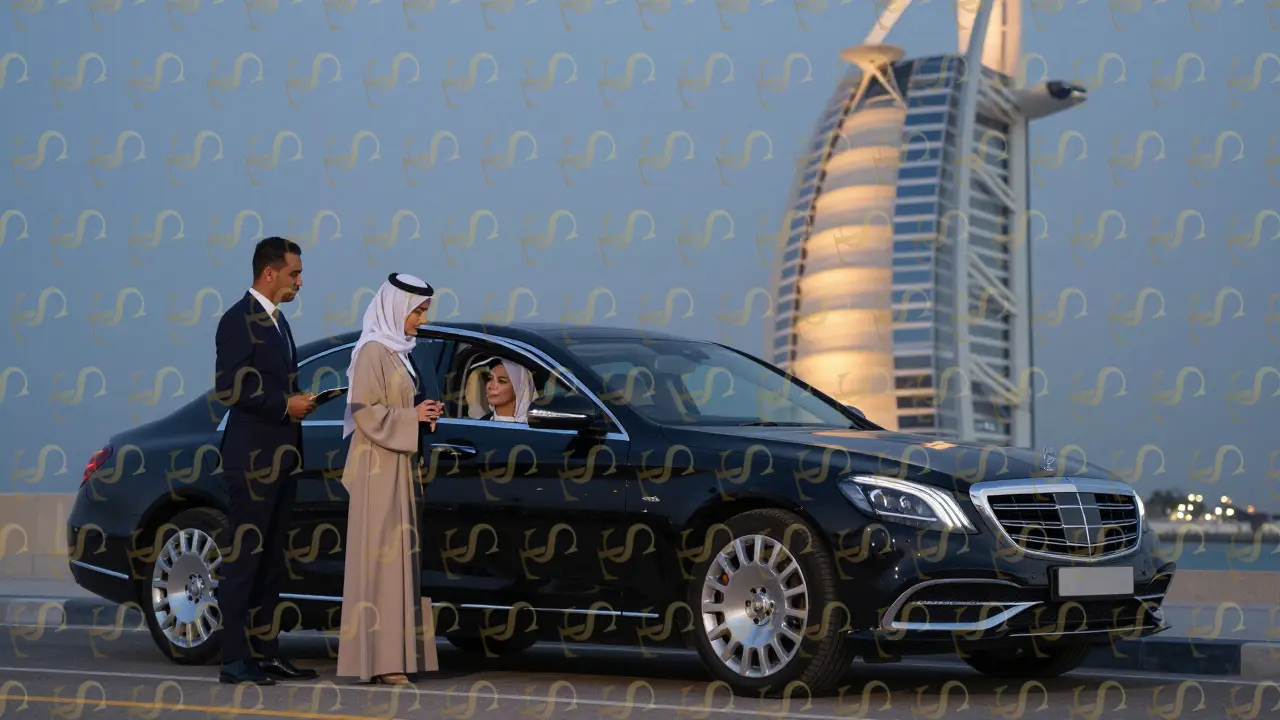 A luxury car arriving at Burj Al Arab with a female driver and escort assisting a client in modest attire under twilight lighting.