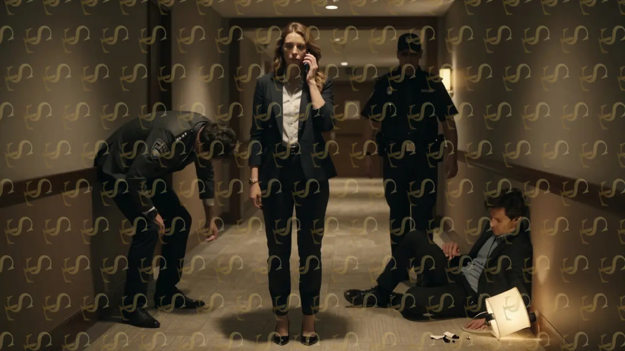 A woman standing calmly in a hotel hallway as security approaches, having triggered her emergency plan.