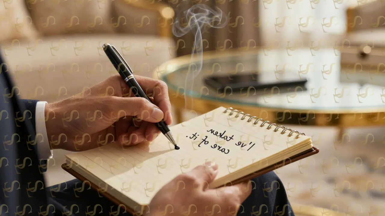 Hands holding a pen over a notepad, writing 'I’ve taken care of it' in a luxurious hotel room.