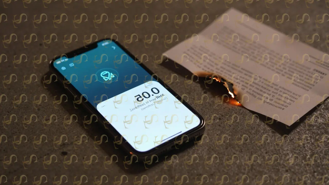 Burner phone displaying a crypto payment confirmation, with a partially burned recovery phrase nearby.