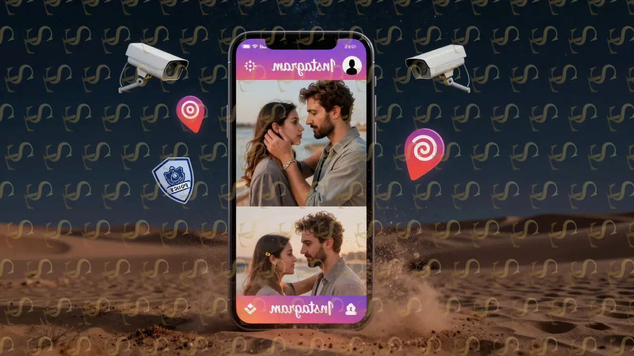 A smartphone displaying fading photos of a couple, surrounded by surveillance symbols against a desert night sky.
