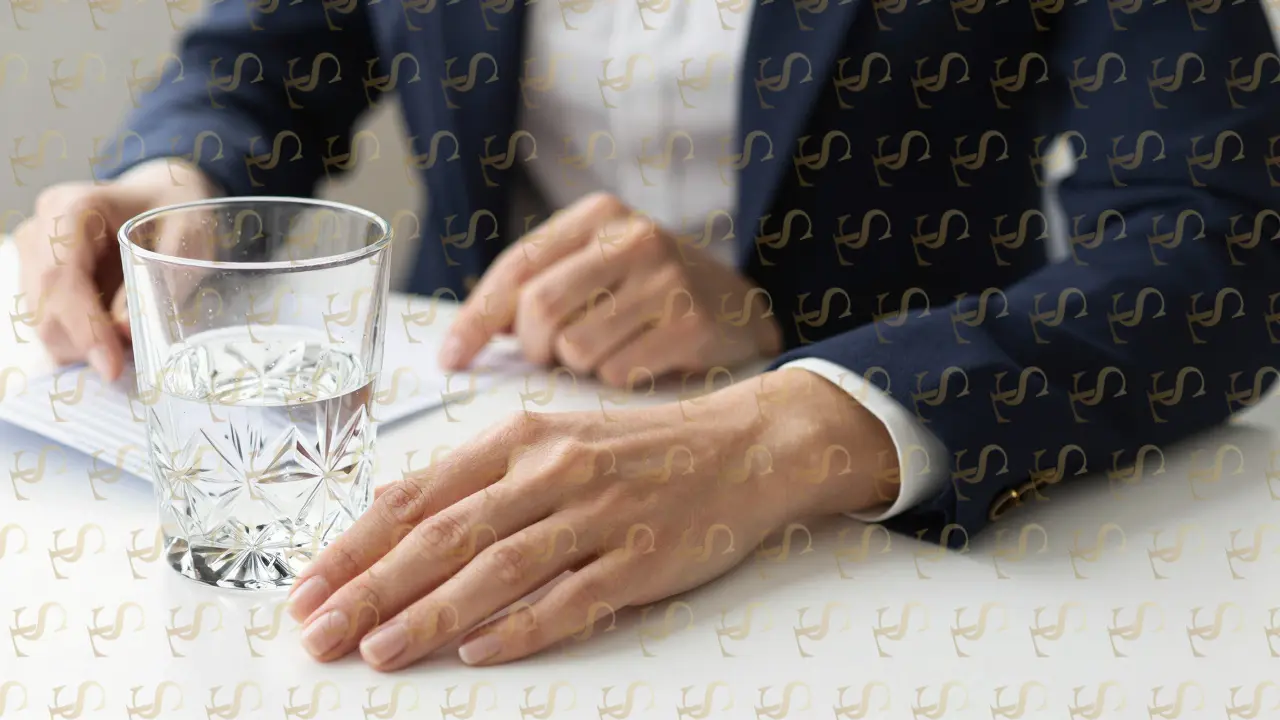 Close-up of a professional escort’s hand near a water glass, subtly observing a client hesitating over the check.