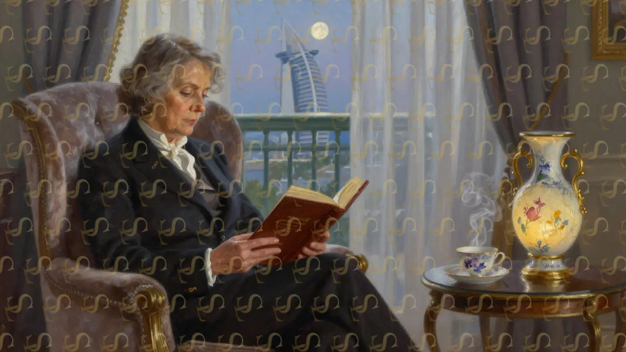 An elderly man and a companion reading poetry together in a luxurious Dubai home at dusk.