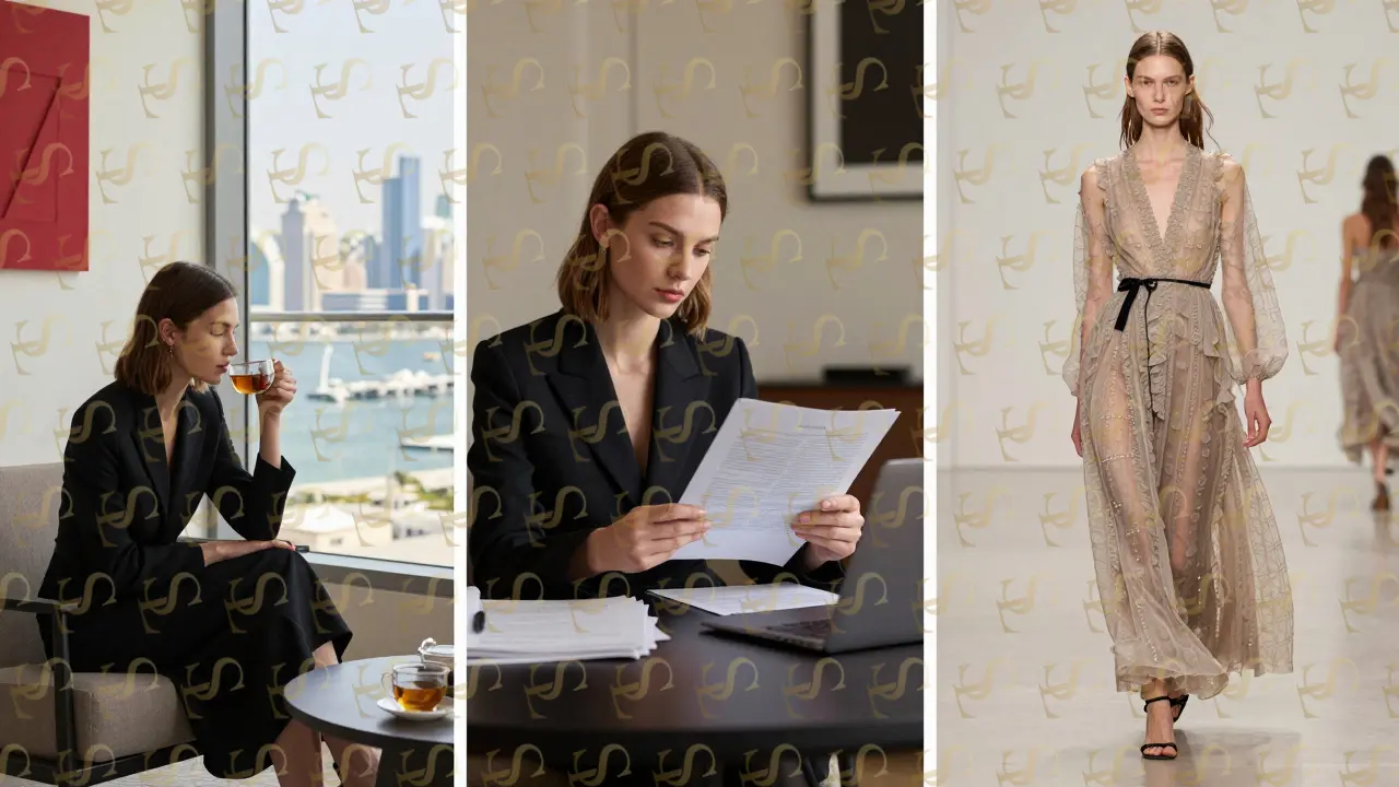 Three panels showing a Russian supermodel's journey from runway to Dubai entrepreneur in a minimalist style.