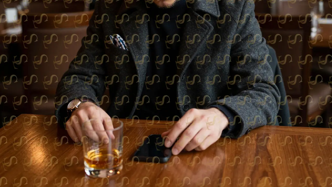 A man at a dining table with phone and whiskey, wearing an unbuttoned wool coat, radiating calm confidence.