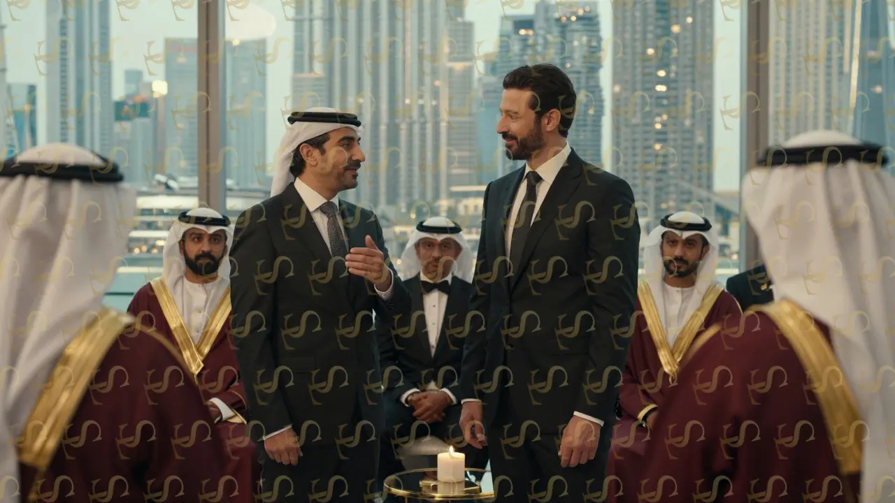 A mature male companion beside a diplomat at a high-profile gala, navigating international social dynamics.