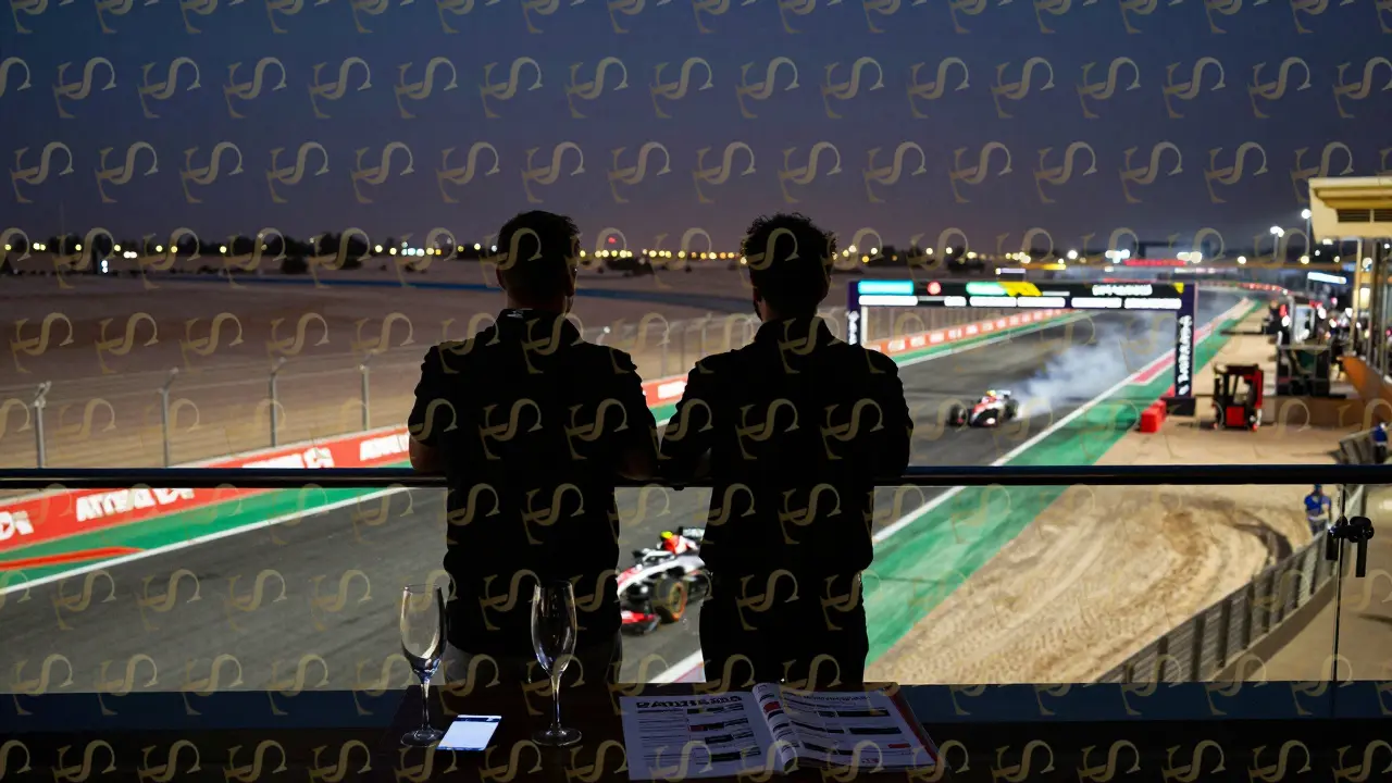 Two figures stand silhouetted at the finish line, celebrating as a car crosses the line under neon lights.