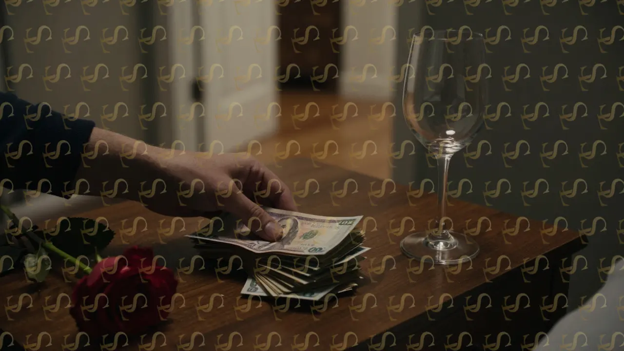 A hand placing cash on a wooden nightstand beside a wine glass and rose, in intimate low-light setting.
