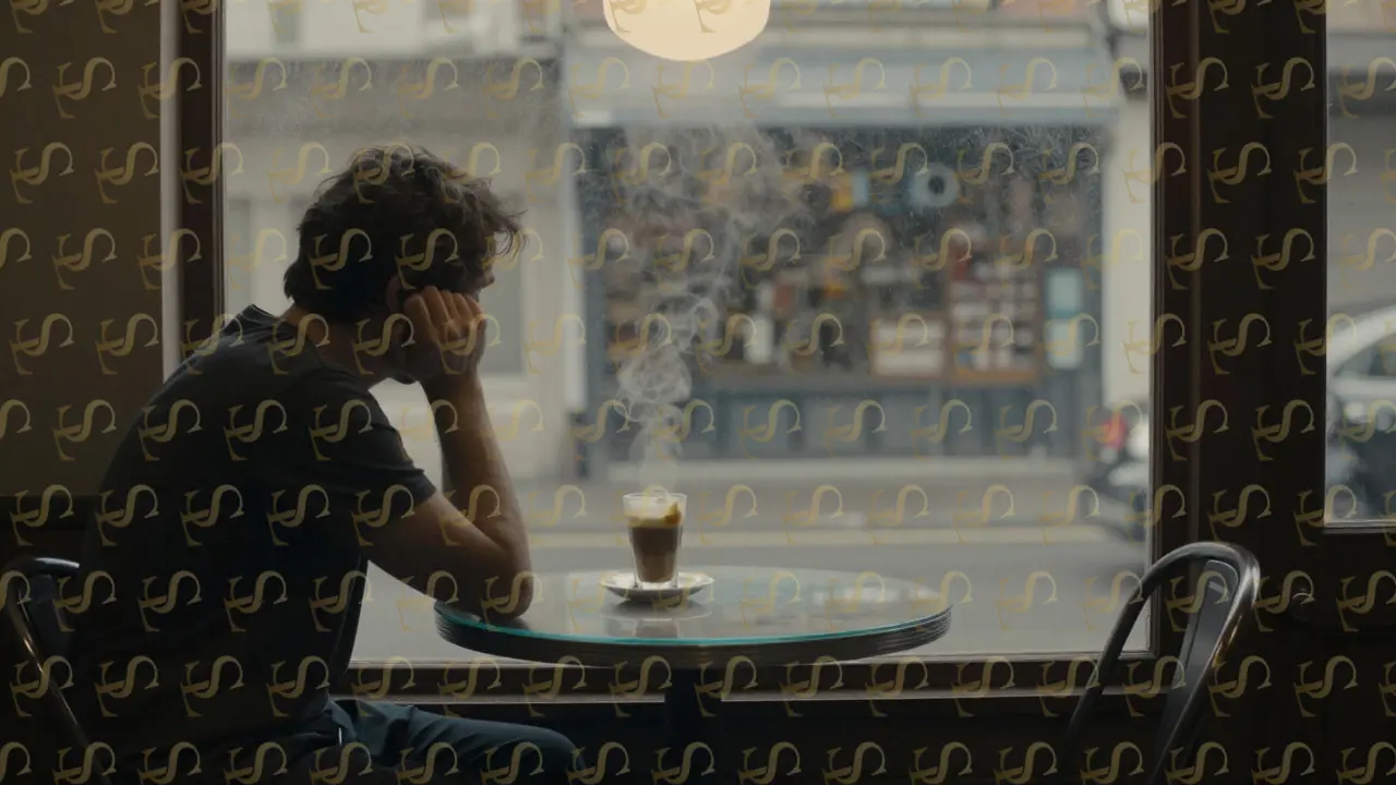 A small café table with a half-finished latte, empty chair across, steam fogging the window, quiet and solitary atmosphere.