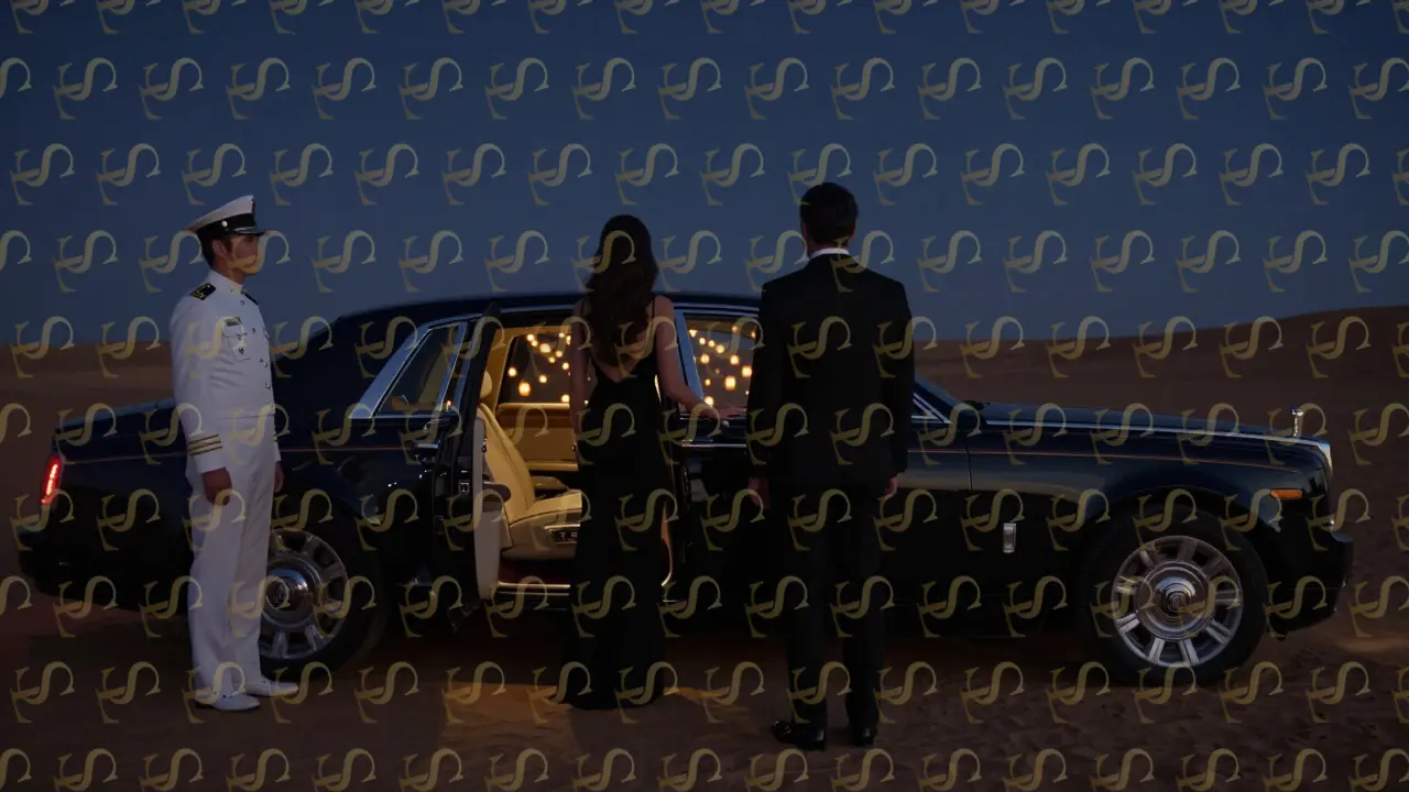 A Rolls-Royce waits under desert lanterns as a tall woman enters first, her companion stepping back respectfully in the night air.