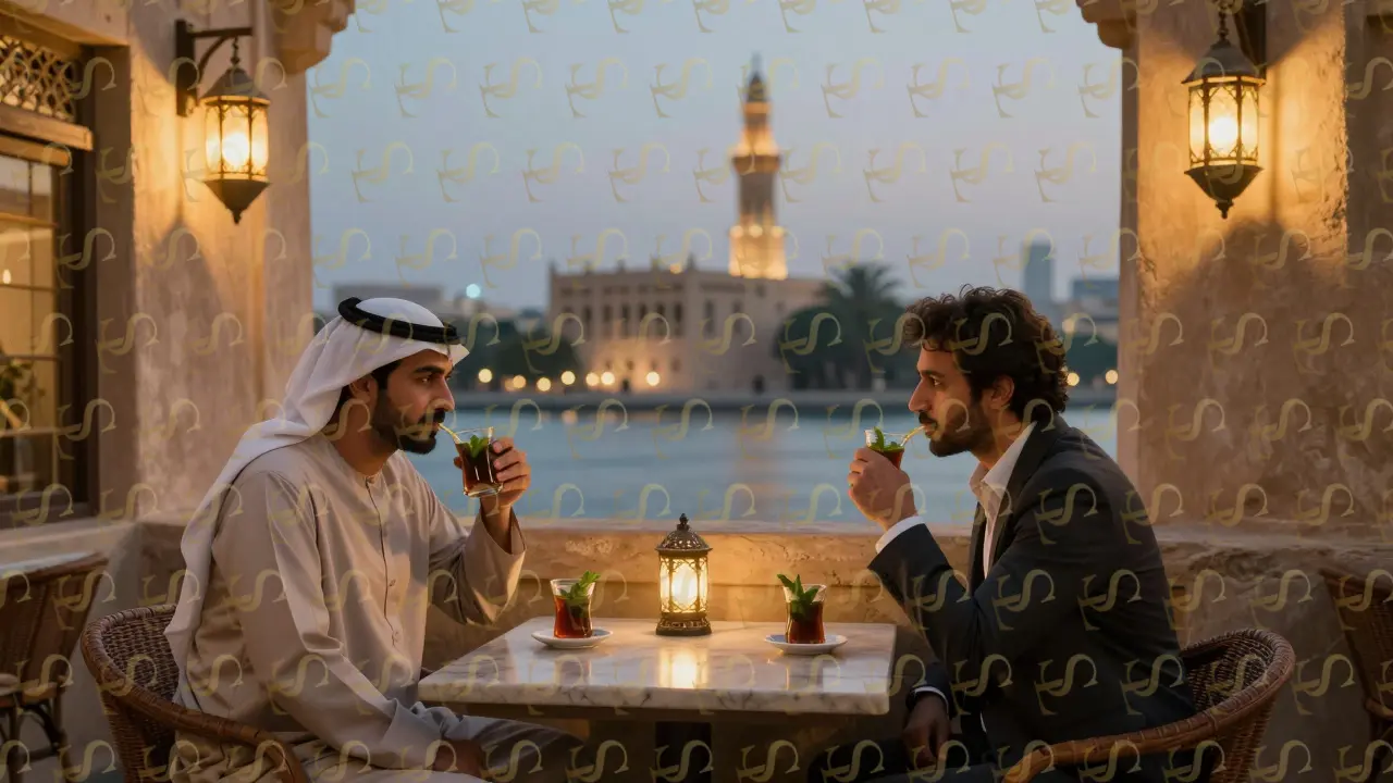 A business traveler and a VIP companion sharing quiet tea at a traditional Dubai café as dusk falls.