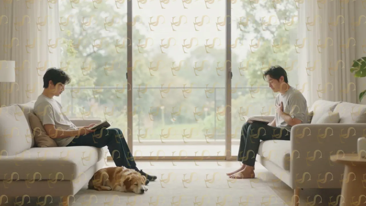 A man at peace on a couch, listening to a companion read aloud in a sunlit, tranquil room.