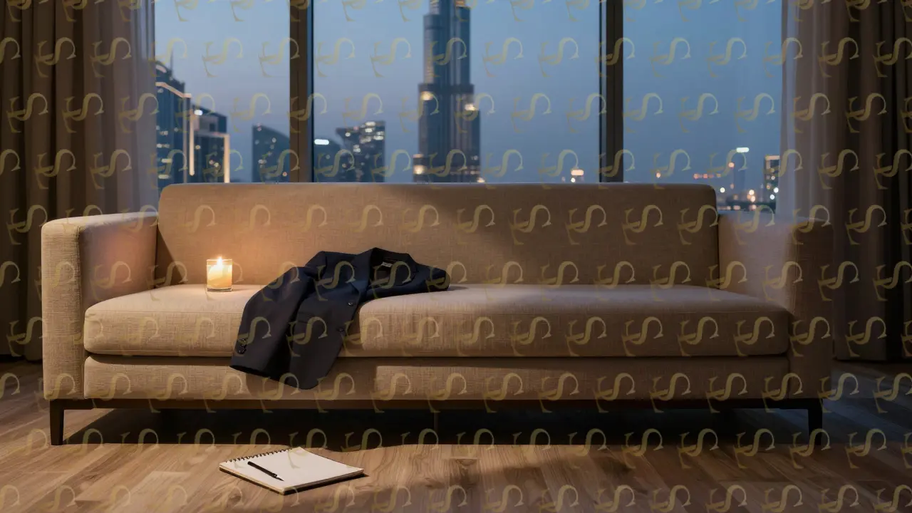 An empty Dubai hotel room with a folded blazer, lit candle, and torn notepad page on the floor.