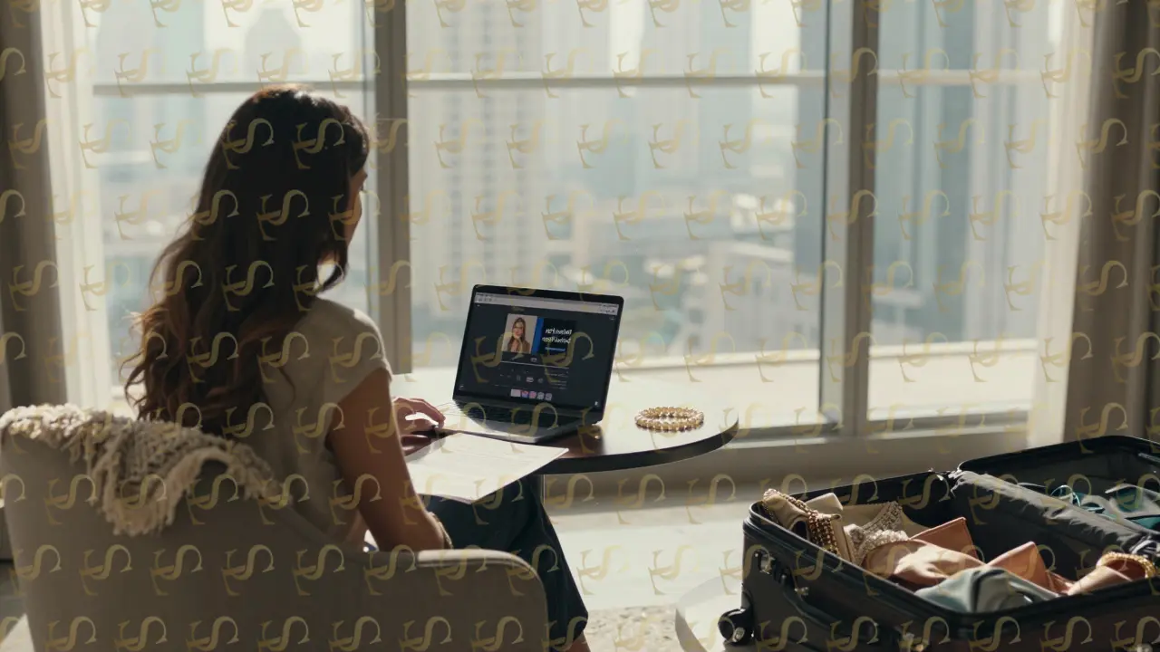 A woman sits alone in a sunlit penthouse, surrounded by unpacked luxury clothes, staring at a laptop displaying a podcast interface.