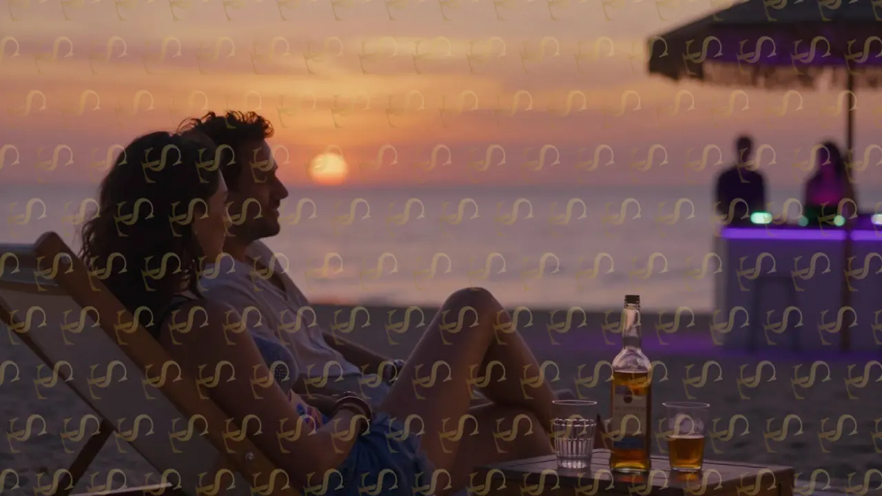 A couple enjoying sunset at Nikki Beach Dubai, sharing a quiet moment by the water with bottles nearby.