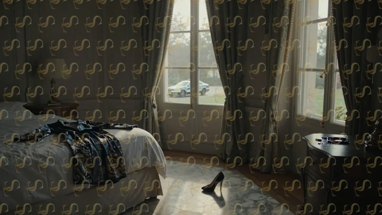 An abandoned luxury villa at dawn, with a discarded robe and shattered phone on the bed, while a police car waits outside.