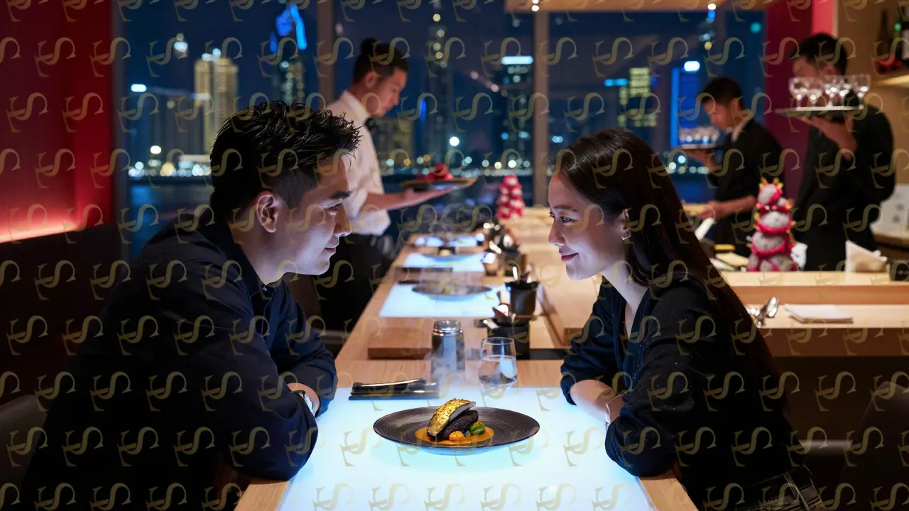 A couple shares a luxurious sushi dish at the bar, with golden leaf and Marina views glowing softly in the background.
