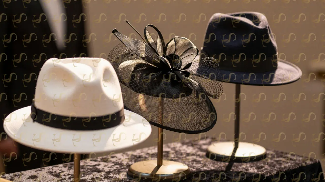 Three elegant hats displayed on velvet, symbolizing Dubai World Cup fashion tradition.